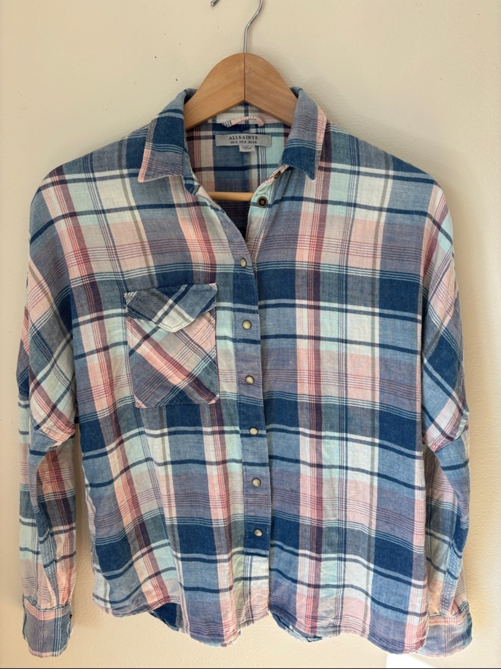 AllSaints Blue and Pink Plaid Snap-Front Shirt